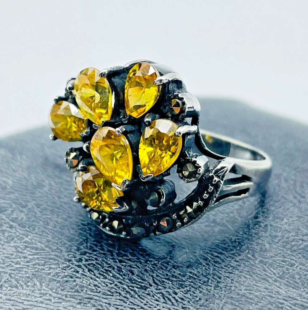VTG Sterling Silver Pear Citrine Gemstone Ring Marcasite Accents Size 5.75 Pinky